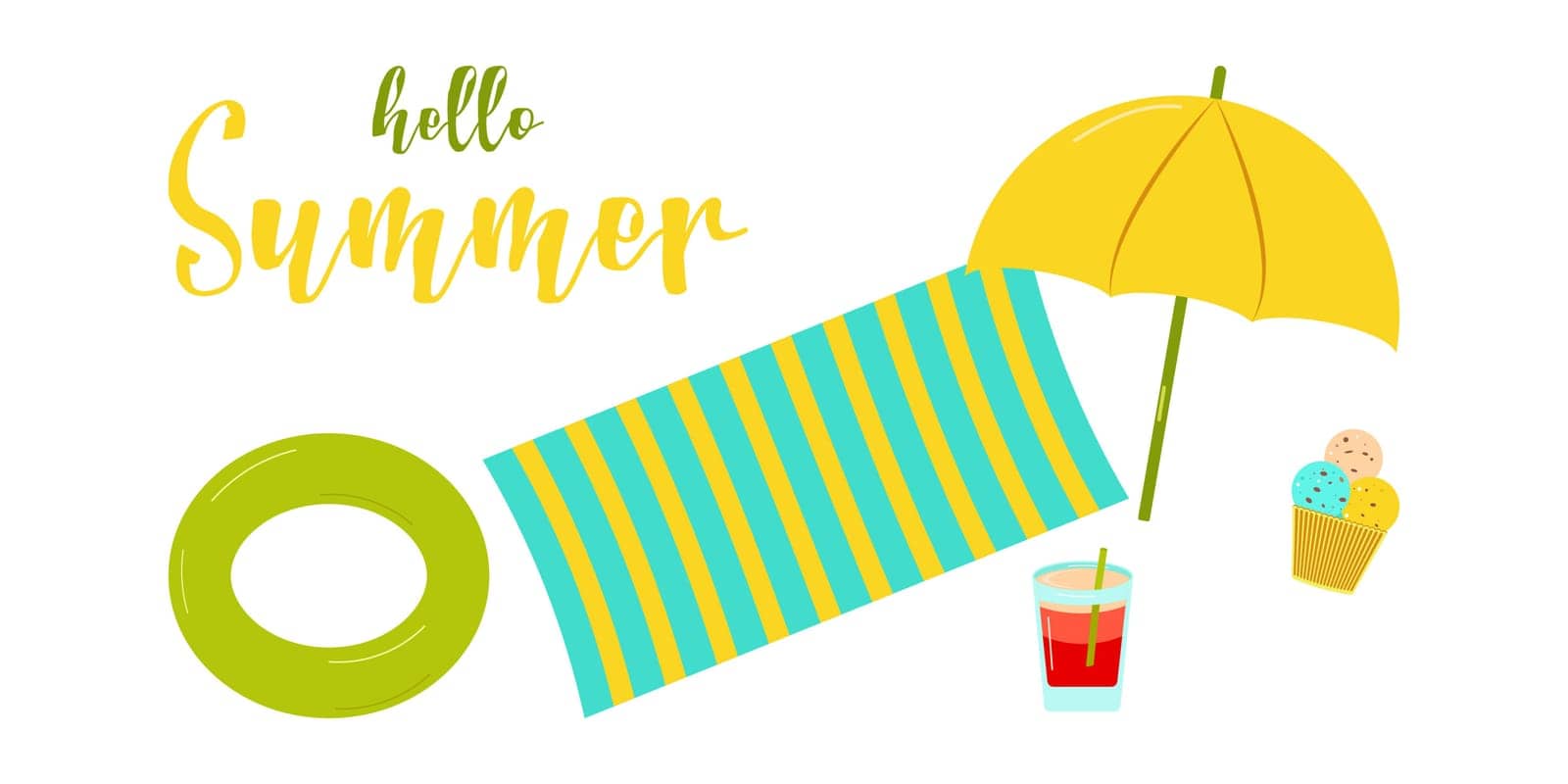 Set of summer elements, beach, summer accessory. Inflatable circle, fruit cocktail, ice cream, towel, beach umbrella text. Rest. Vector flat illustration.