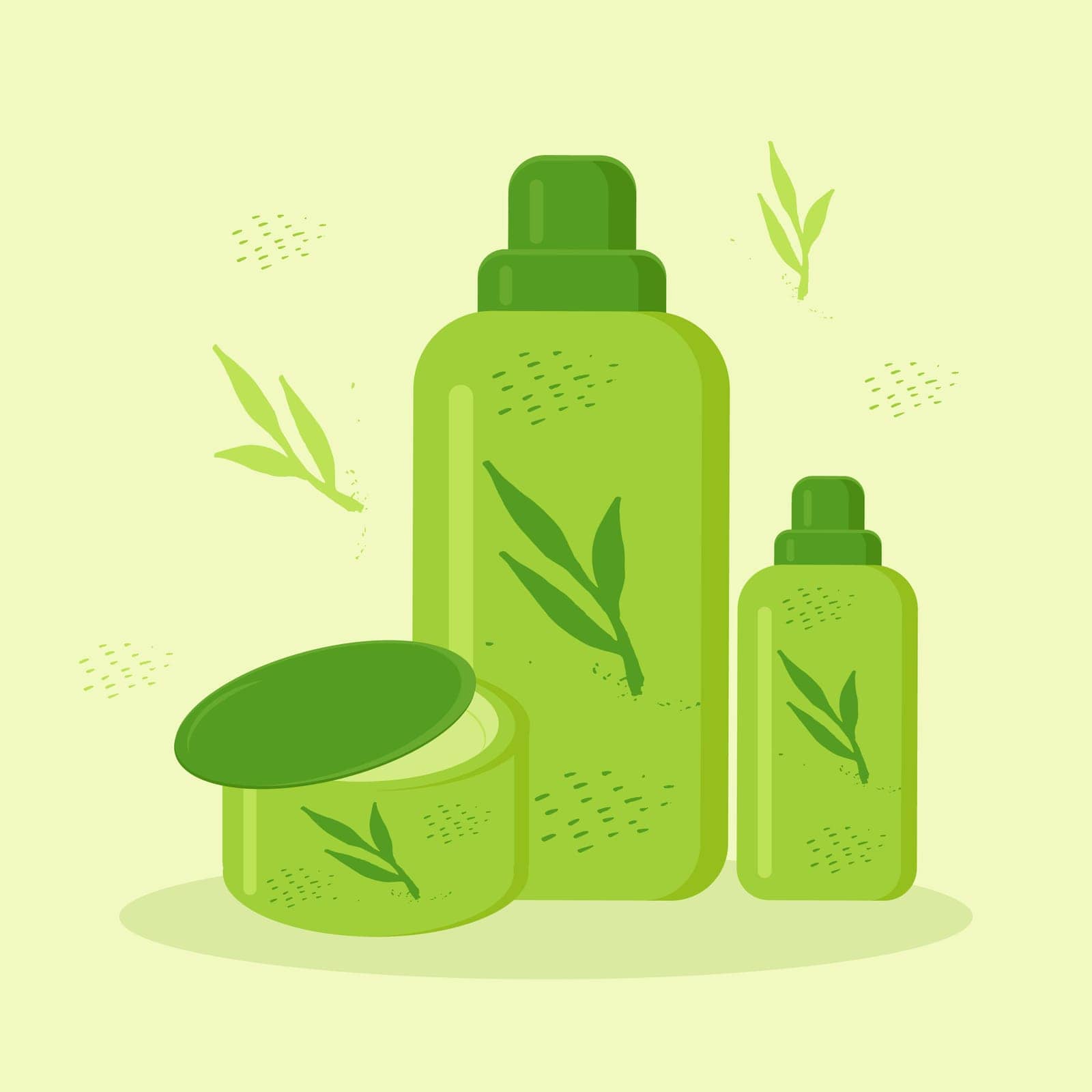 bottles and two tubes with cosmetics is decorated with plants in green different sizes