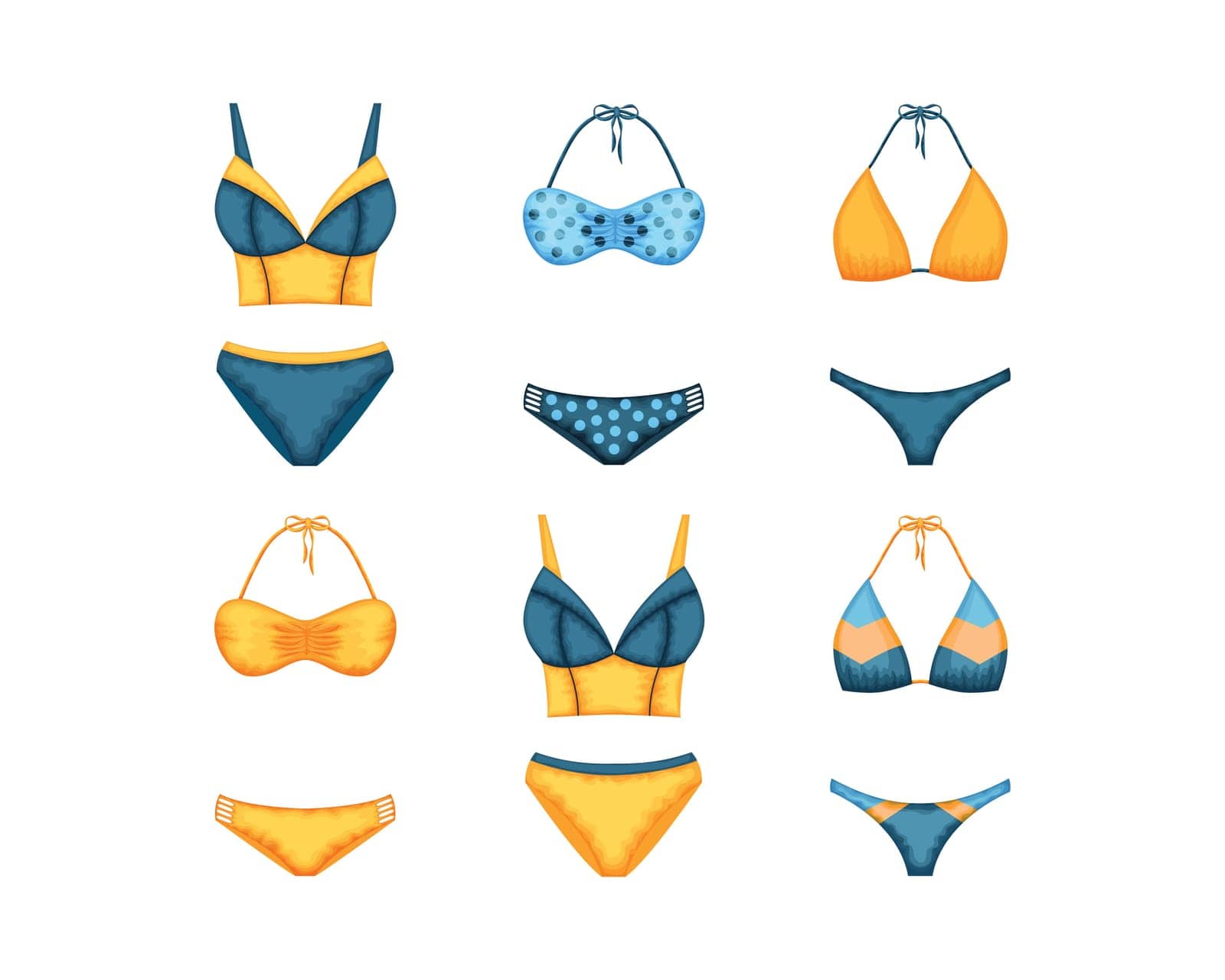 Swimwear set. A separate swimsuit in blue and yellow. Collection of colored swimsuits. Clothes for a beach holiday. Women s clothing. Vector illustration by NastyaN
