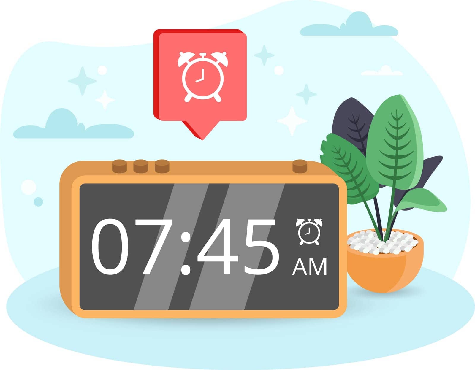 Alarm illustration. Clock, numbers, time, plant, pot. Vector graphics.