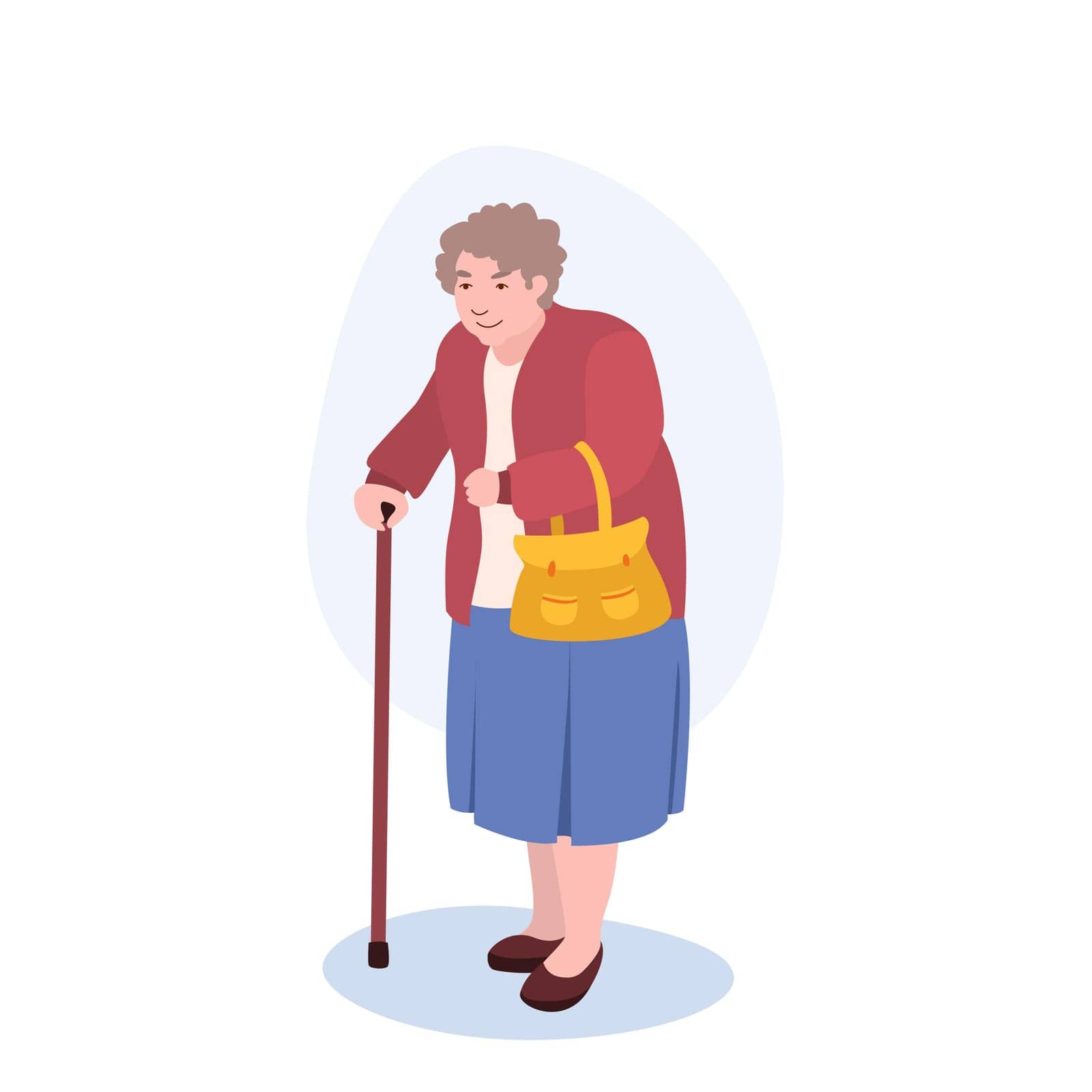Old Lady With Cane illustration. Woman, bag, pensioner, stick. Creative editable vector graphic design.
