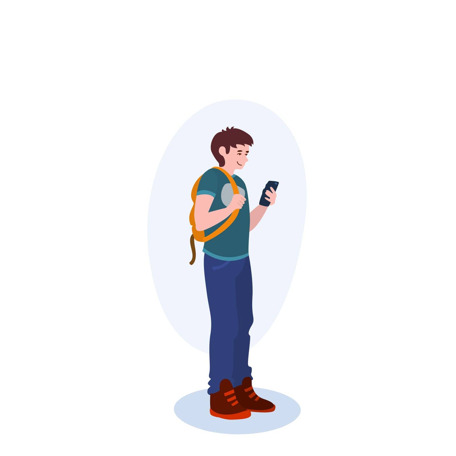 Teen Boy With Phone illustration. Boy, smartphone, t-shirt, backpack. Creative editable vector graphic design.