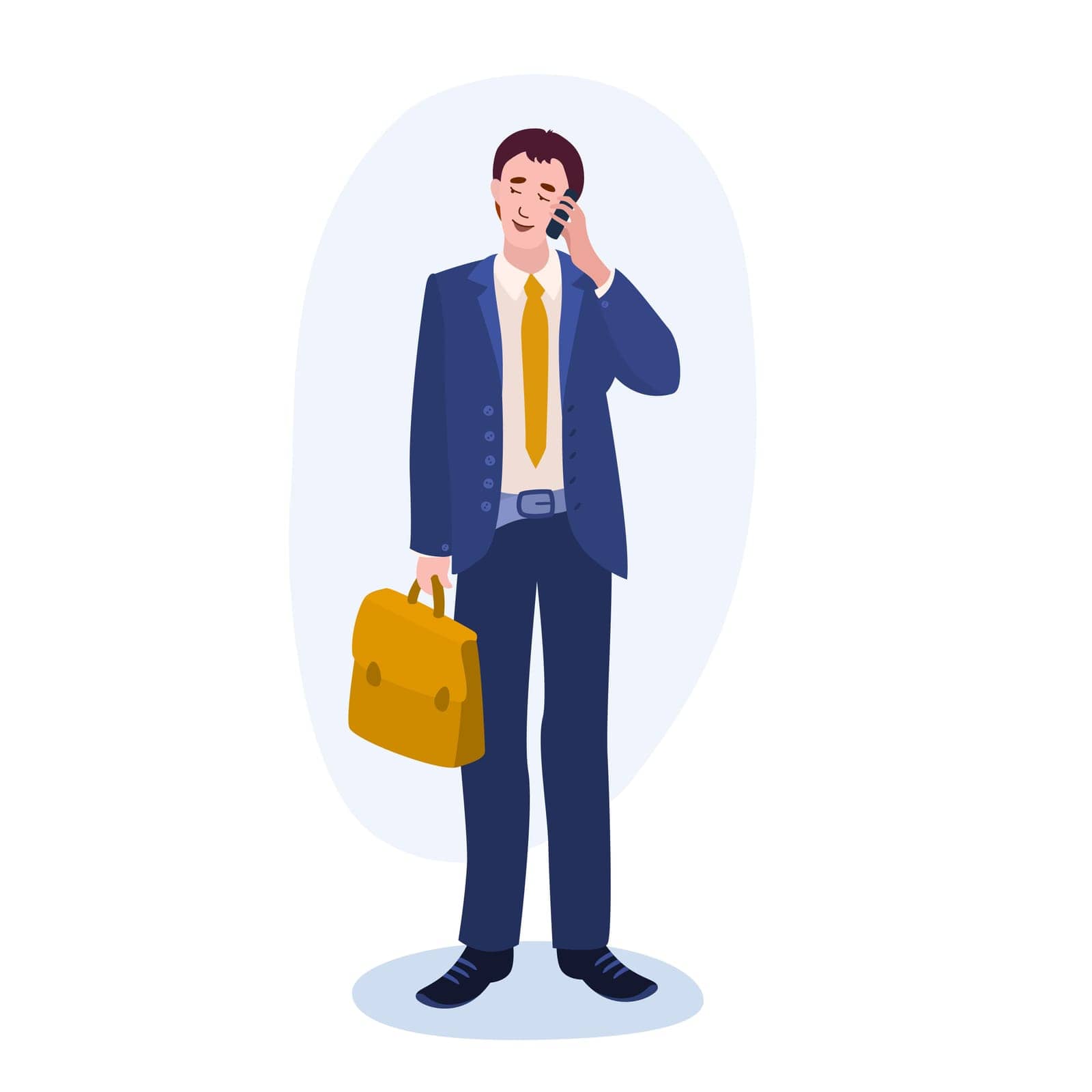 Man With Briefcase Talking Phone illustration. Man, suit, tie, smartphone. Creative editable vector graphic design.