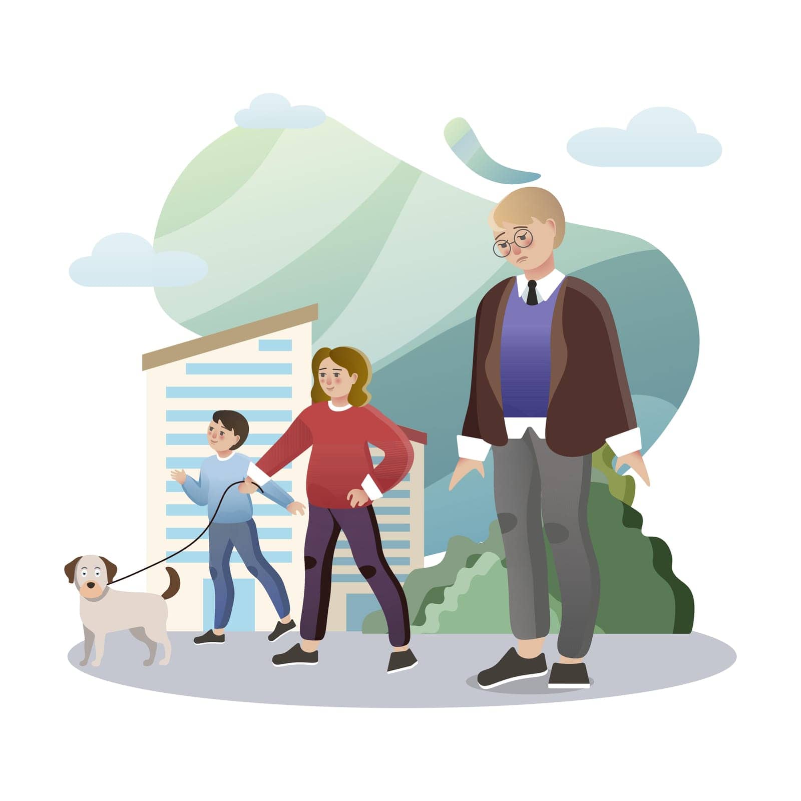Loneliness illustration. Boy, dog, woman, building. Creative editable vector graphic design.