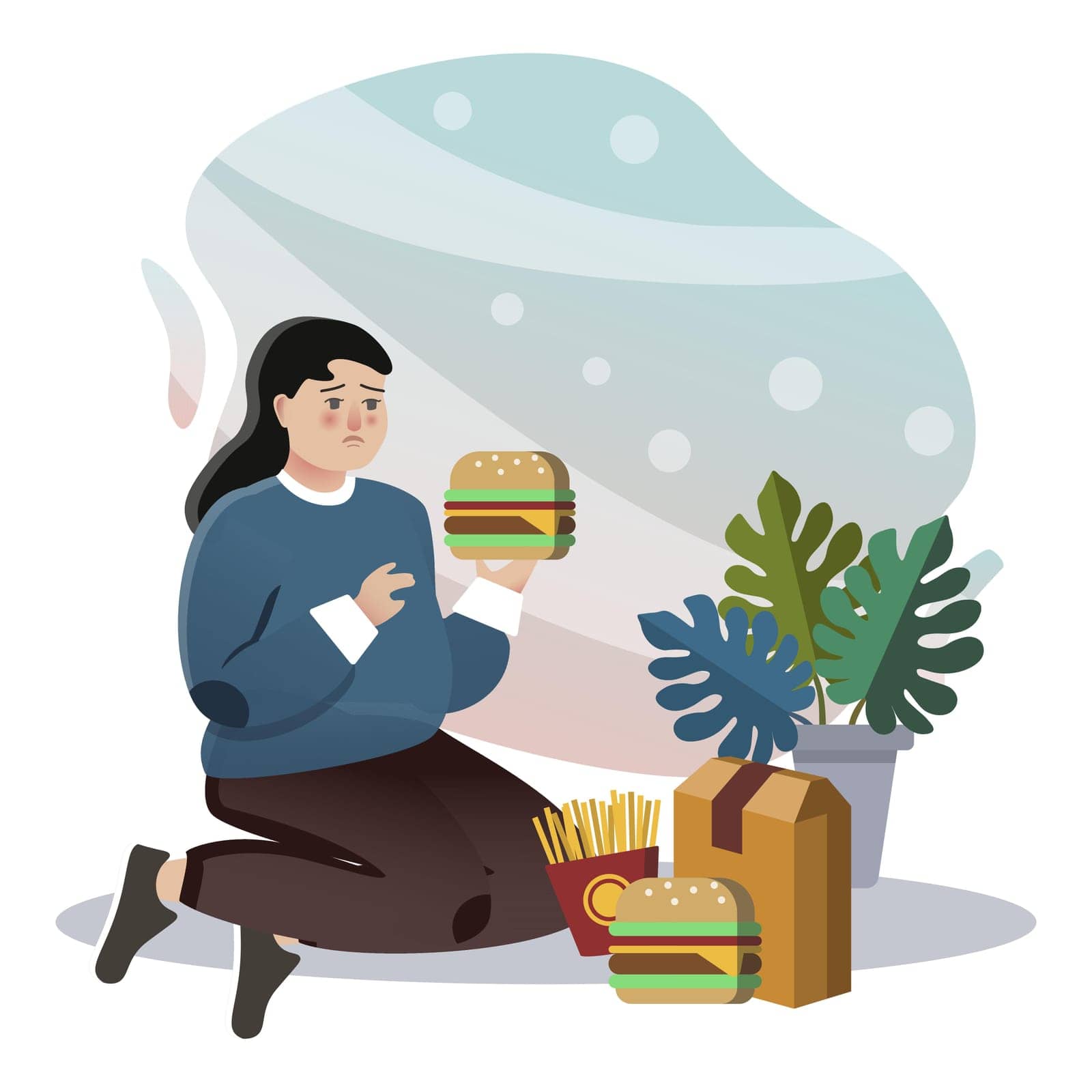 Bulimia illustration. Girl, burger, flower, package. Creative editable vector graphic design.