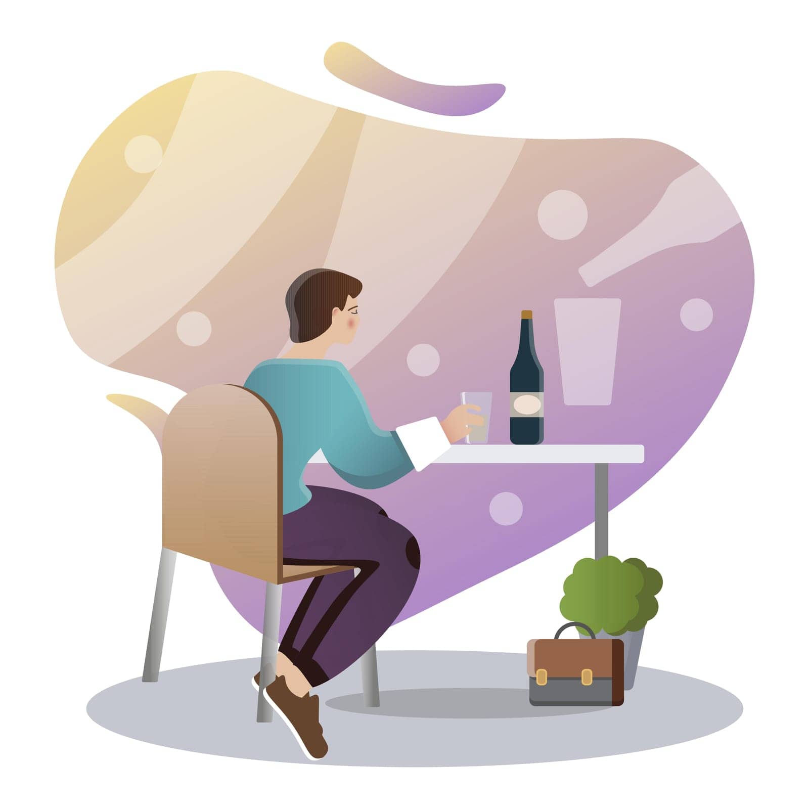 Alcoholism illustration. Man, bottle, glass, table. Creative editable vector graphic design.