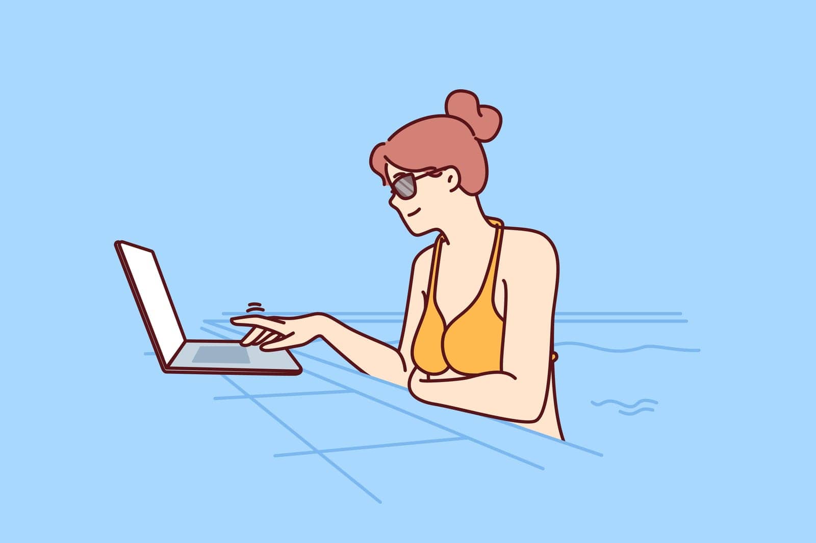 Woman freelancer is swimming in pool and using laptop while doing work over internet. Girl in bikini is using computer while working as freelancer and relaxing on vacation at same time.