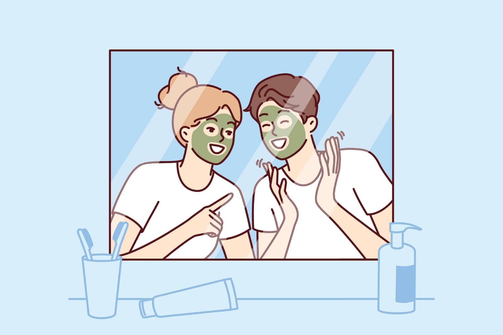 Cheerful couple with rejuvenating mask on faces look in mirror and laugh enjoying joint vacation. Morning young happy man and woman with mask for rejuvenation and removal of wrinkles from face