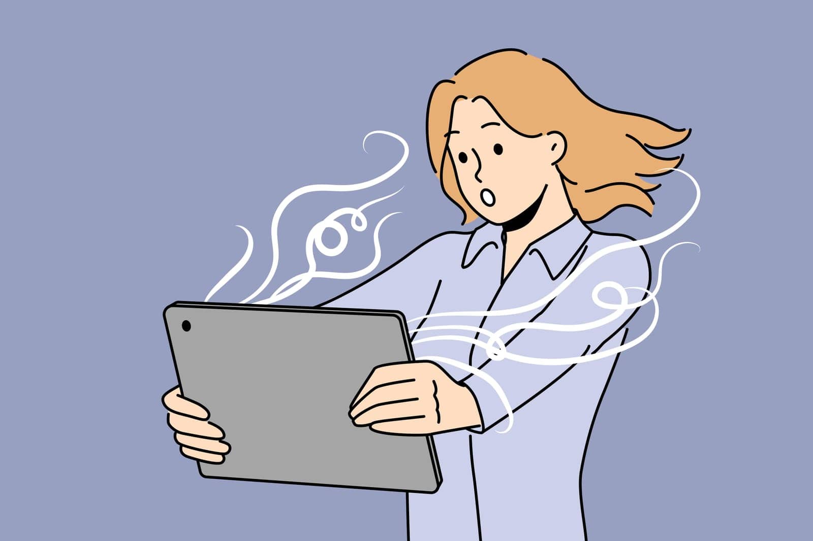 Stunned woman look at tablet screen feel shocked with unbelievable news. Amazed female surprised with unexpected message on pad. Vector illustration.