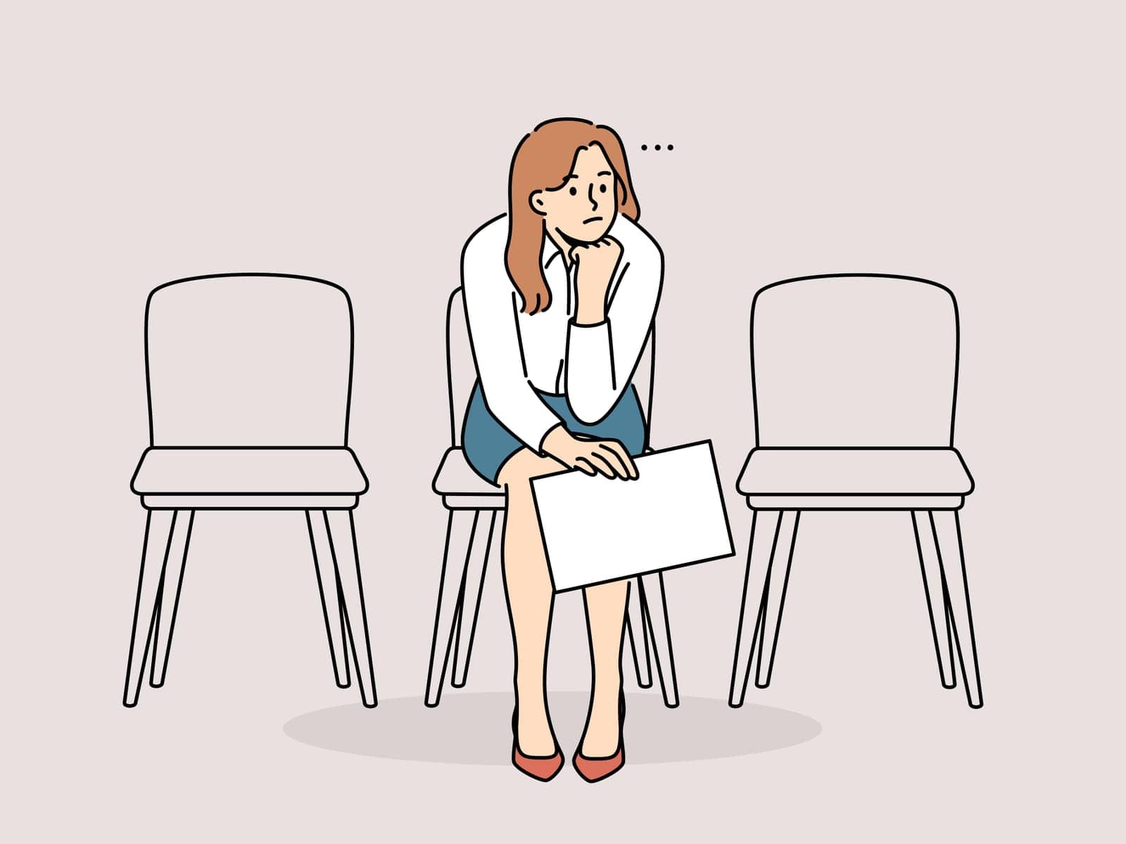 Bored businesswoman with document in hands sitting on chair in hallway waiting. Unhappy tired female employee with paperwork expect in hall. Vector illustration.