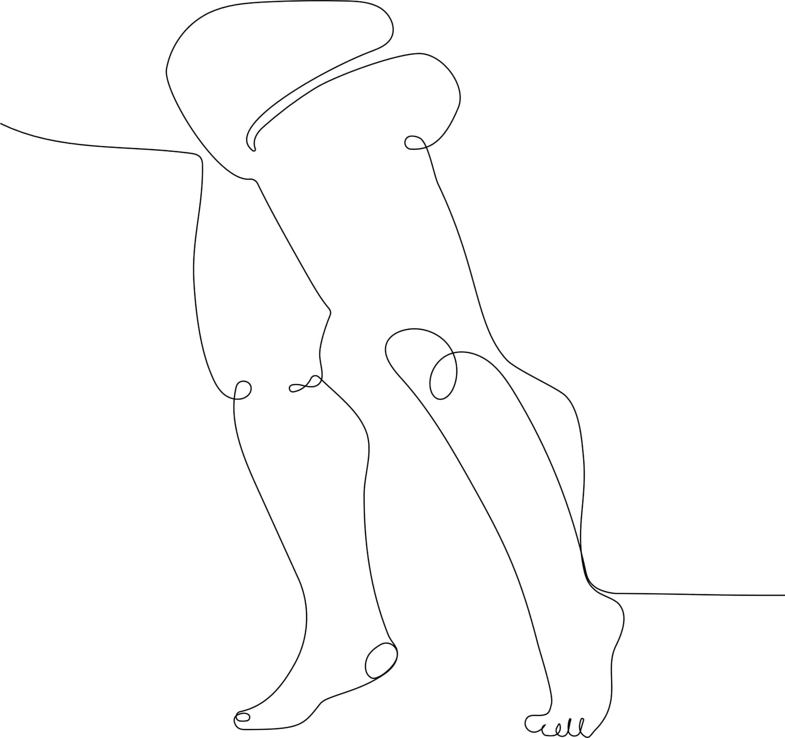 Continuous one line drawing of children's legs, the child begins to learn to walk, the first steps, on tiptoe. Vector illustration. Minimal outline concept