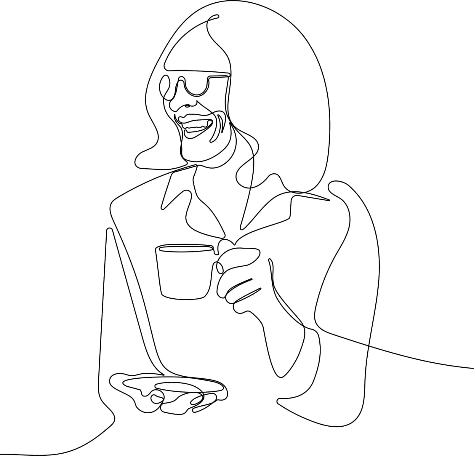 Continuous one line drawing of wishing a woman or a grandmother sit pensively with a cup of hot drink, tea, coffee. Pose of a woman in meditation. Relaxation time. Stay home