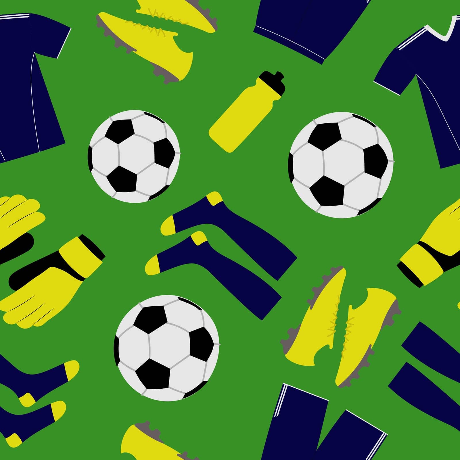 Seamless pattern of soccer equipment. Colorful objects on green background by Yarynabo