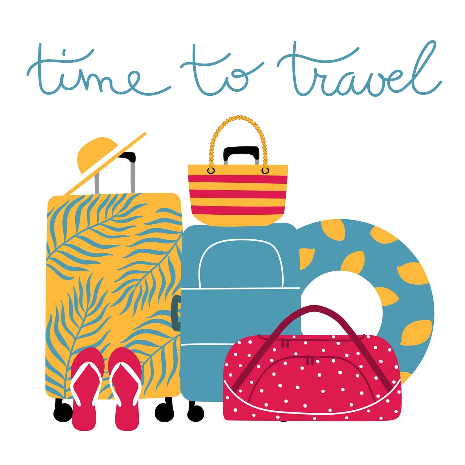 Time to travel. Travel set with colorful accessories. Vector illustration