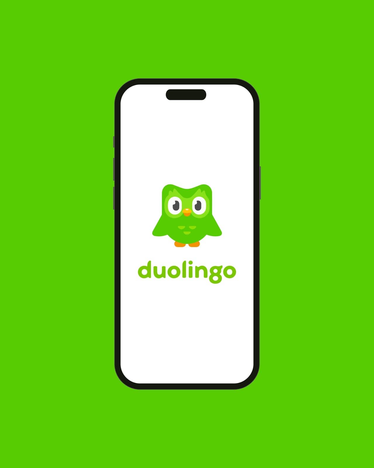 Kyiv, Ukraine - 03 June 2022: Owl Duolingo logo on Iphone 14 screen - vector illustration. Duolingo an American educational technology company. App on the smartphone for learning foreign languages