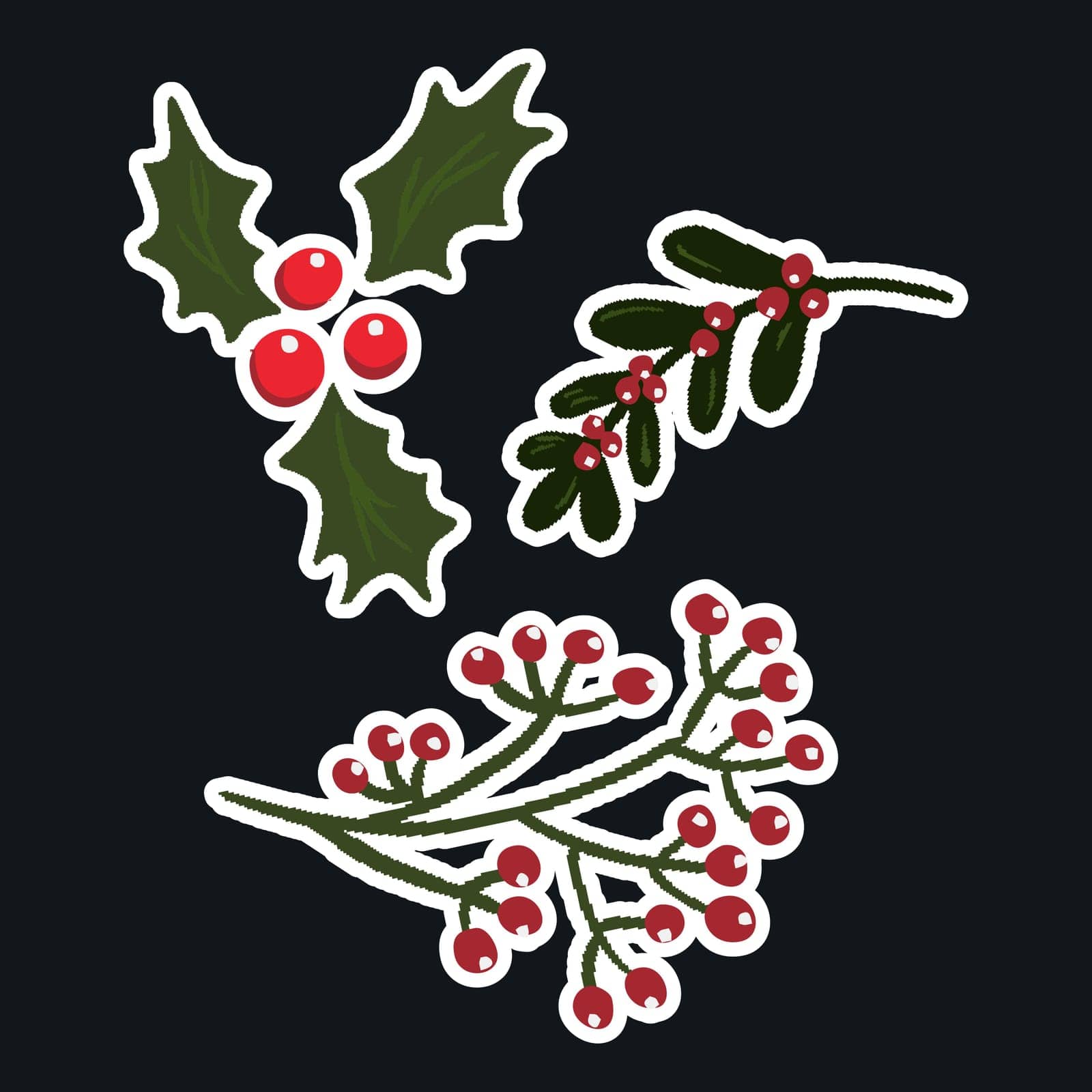 Doodle sticker Christmas wreaths and holly. Vector illustration
