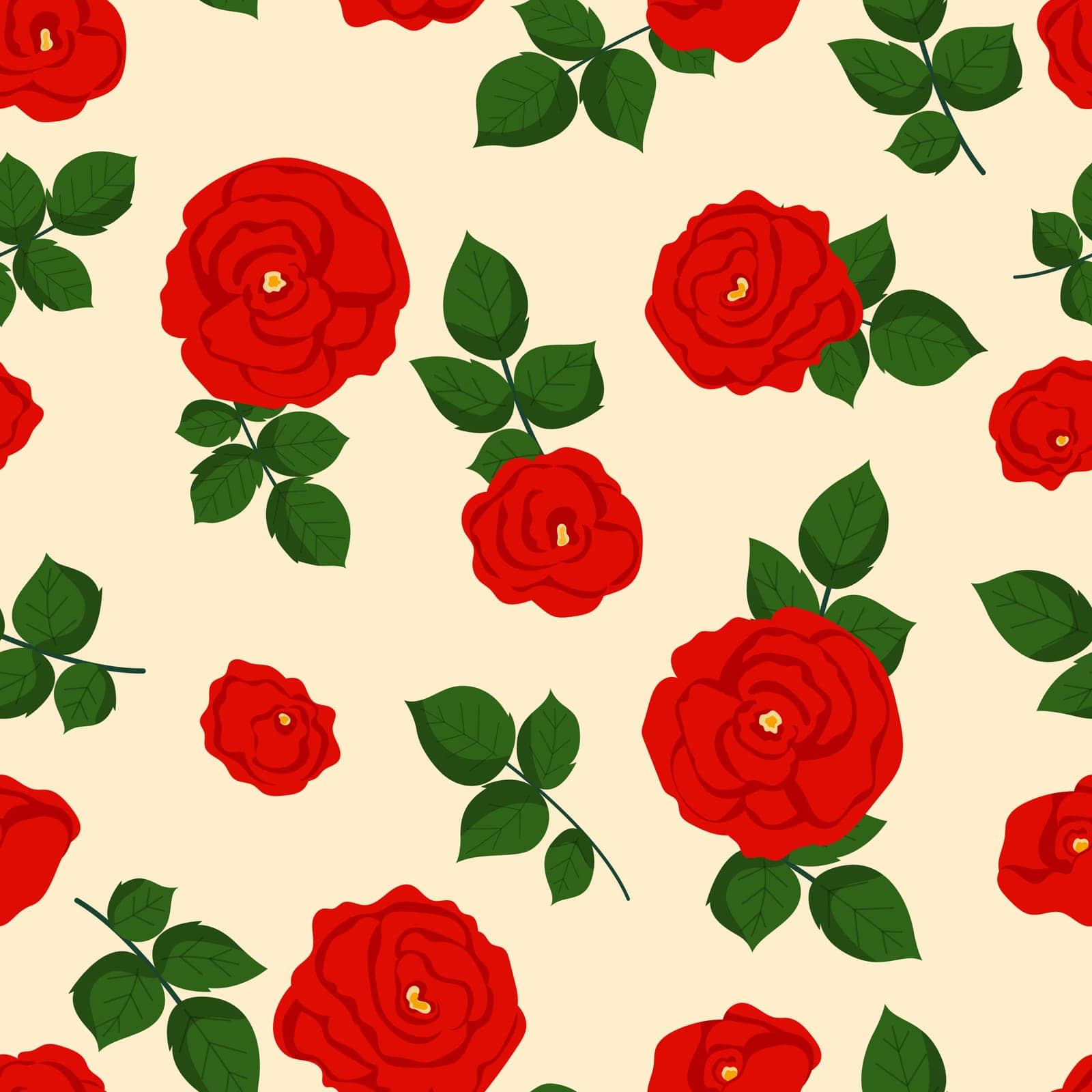 Seamless vintage floral pattern with red roses on pastel background. Backdrop for wallpaper, print, textile, fabric, wrapping. Vector illustration.