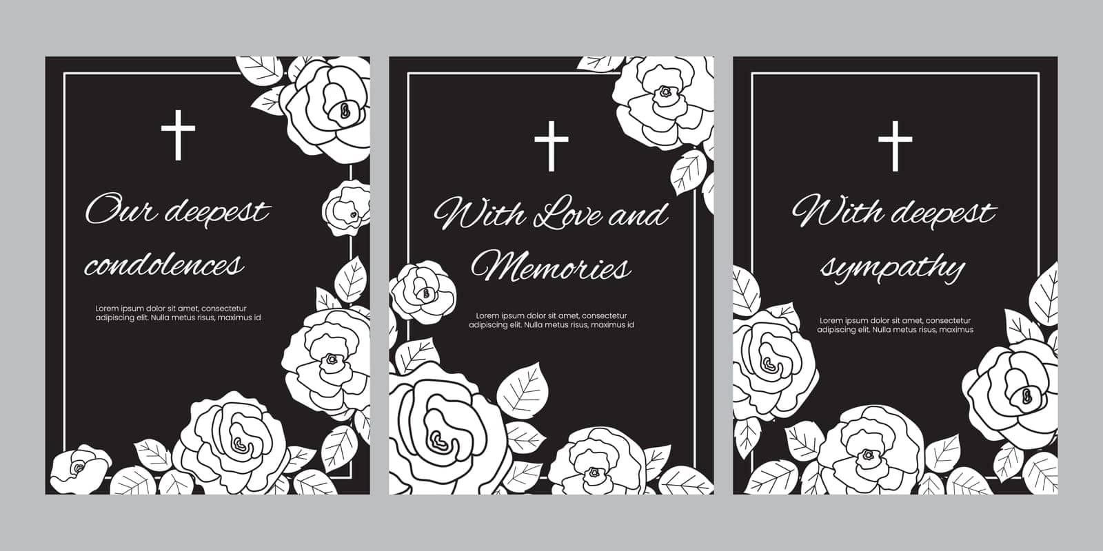 Condolence vector cards template set. Funeral frame with rose on black background. Sympathy card collection illustration