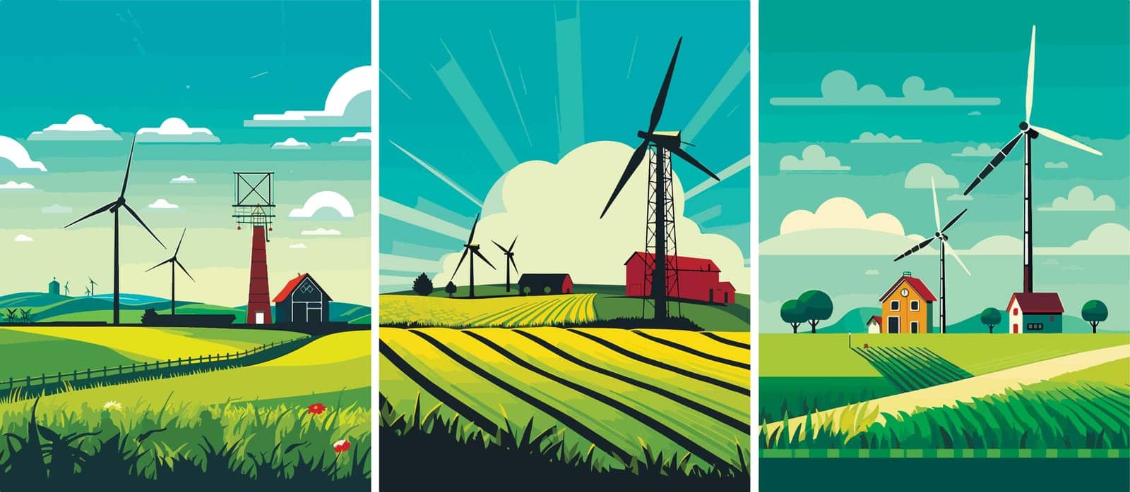 Wind power turbines and windmills vector illustration. A landscape with greenfields and turbines that transforms the kinetic energy in the wind into mechanical power.