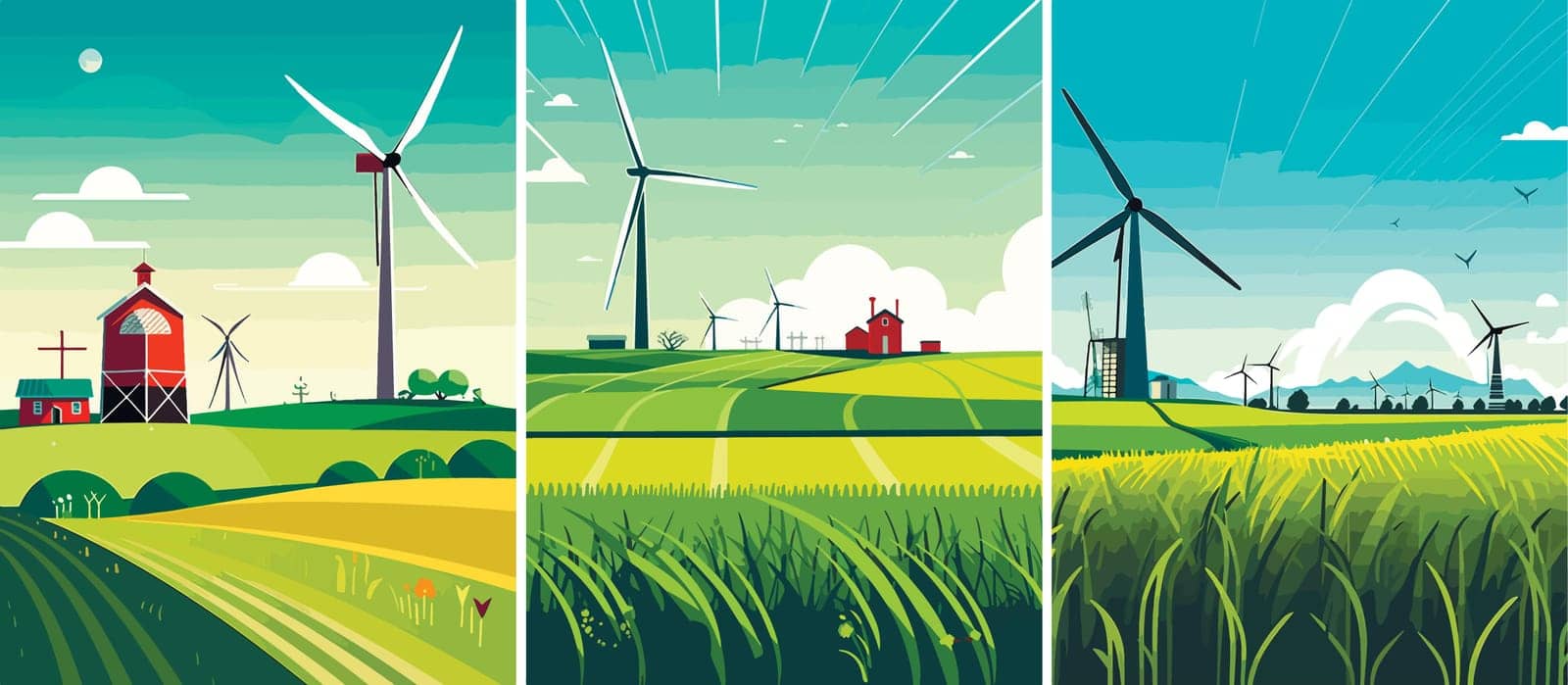 Wind power turbines and windmills vector illustration. A landscape with greenfields and turbines that transforms the kinetic energy in the wind into mechanical power by sergeykoshkin