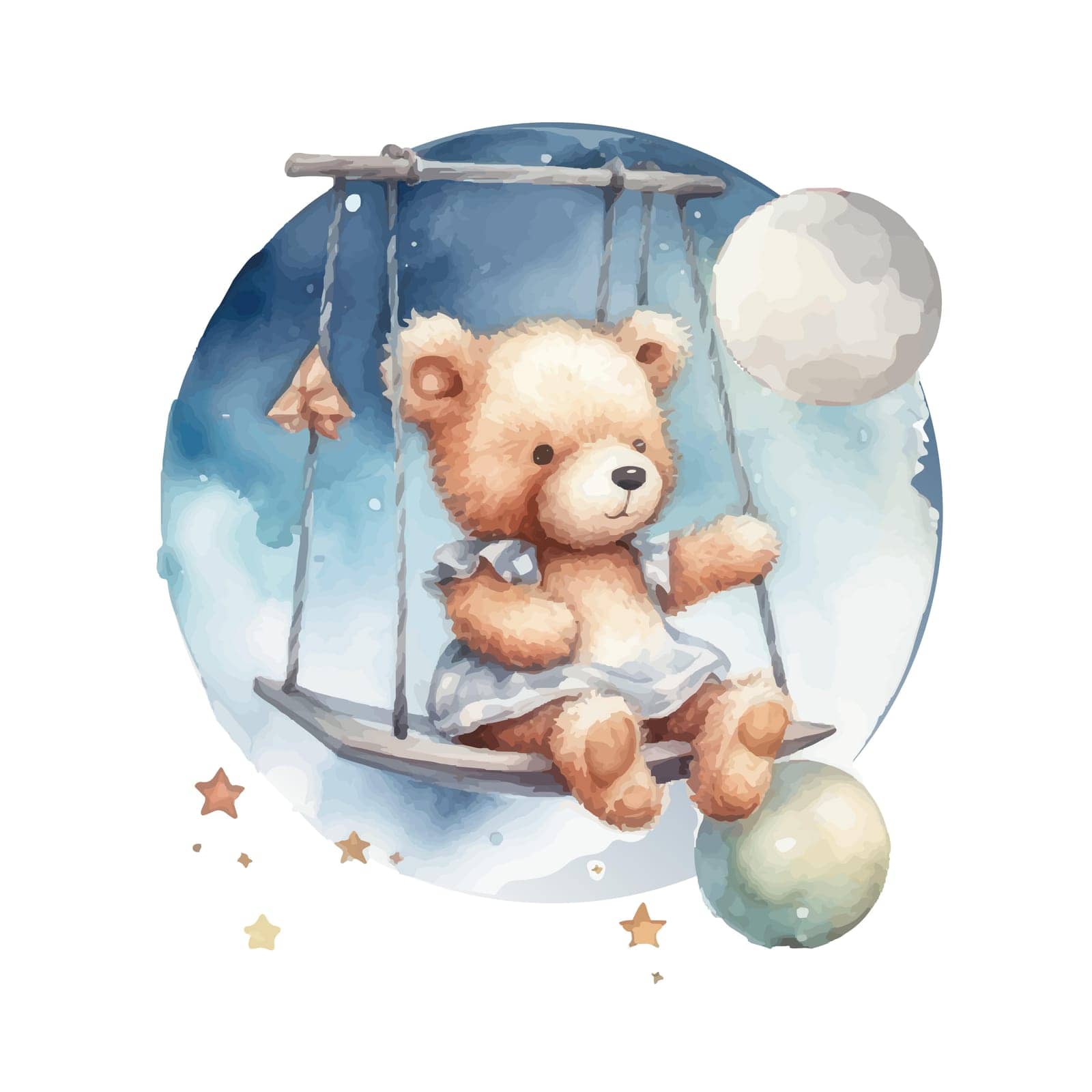 Cute teddy bear swinging on a swing on a star.watercolor hand draw illustration.can be used for kid poster or baby shower by ku4erashka