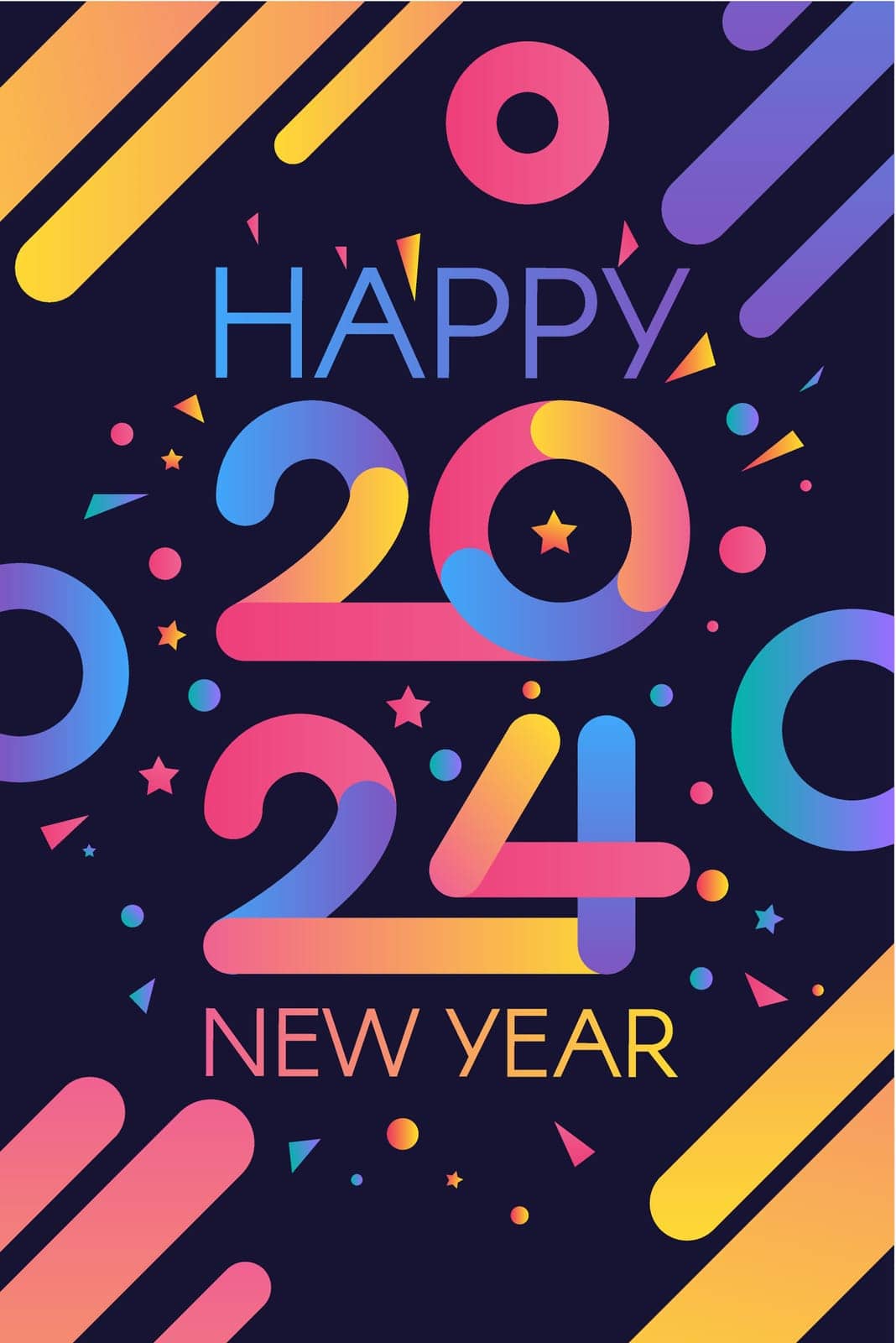 Modern Happy New 2024 Year Holiday poster in night blue sky colors with date 2024 and holiday attributes. Template for printing, announcement poster for inviting guests to celebration. Vector