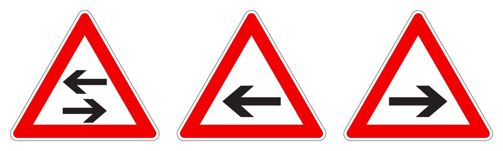 Warning - single/two way traffic sign. Black arrow in red triangle, version with arrow pointing left, right and both ways. by Ivanko