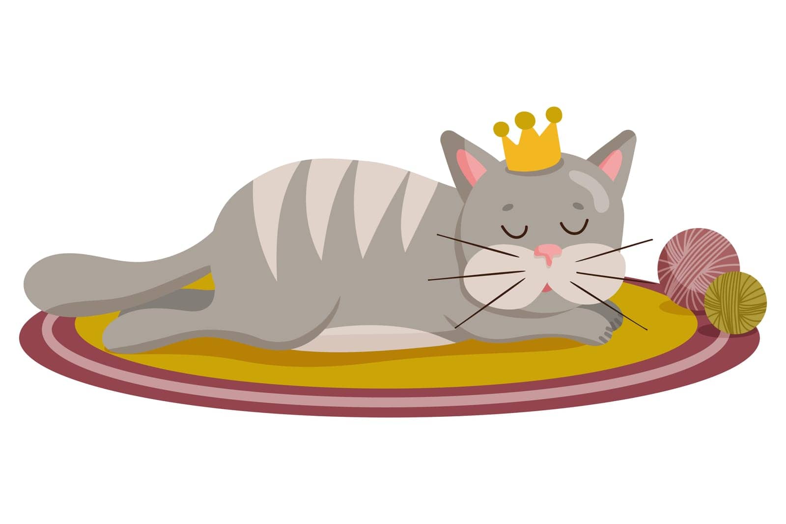 Happy cute cat kitty in crown lies and sleeps. Cartoon animal pet character isolated on white. Flat style vector illustration.