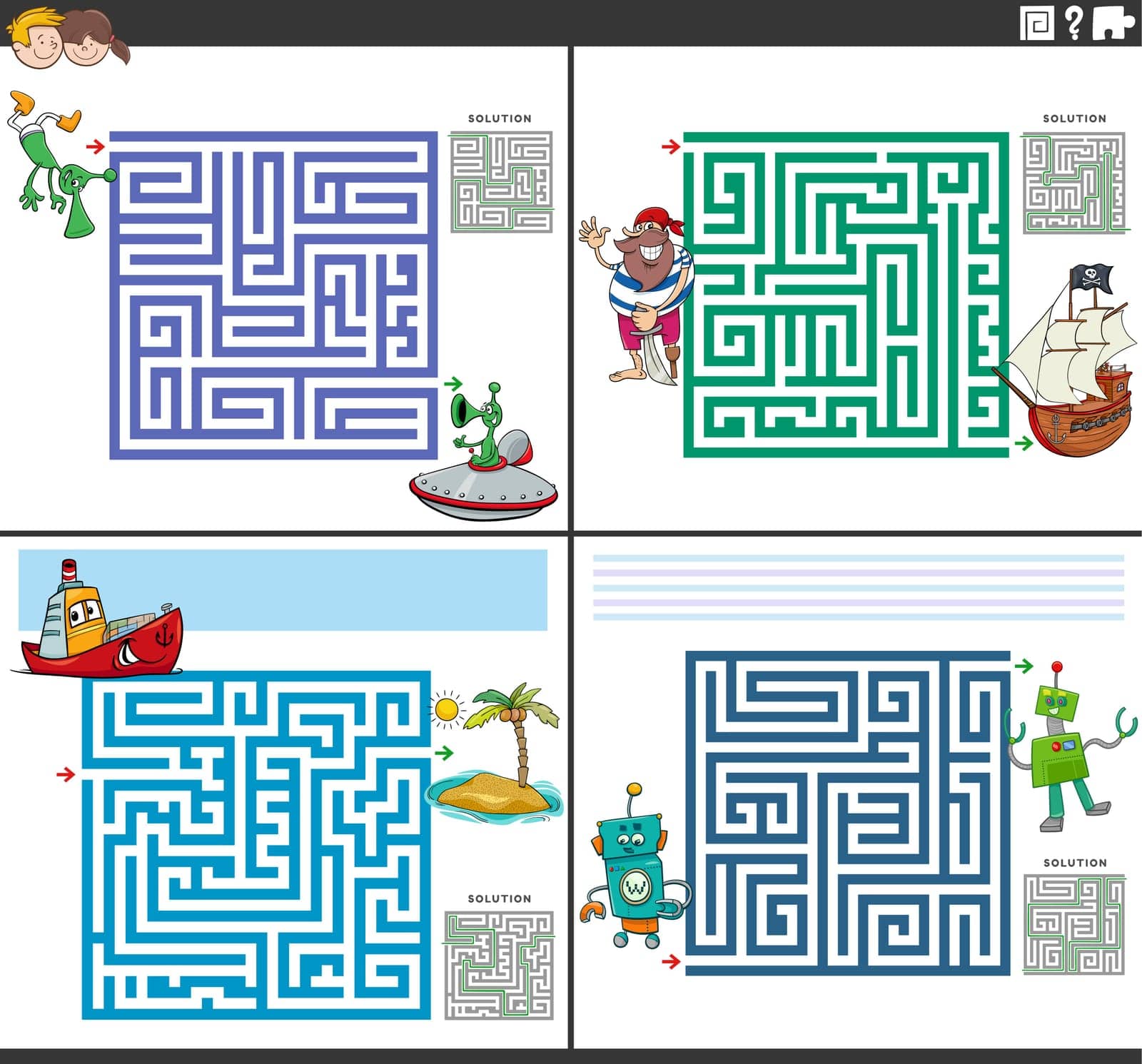 maze activity games set with funny cartoon characters by izakowski