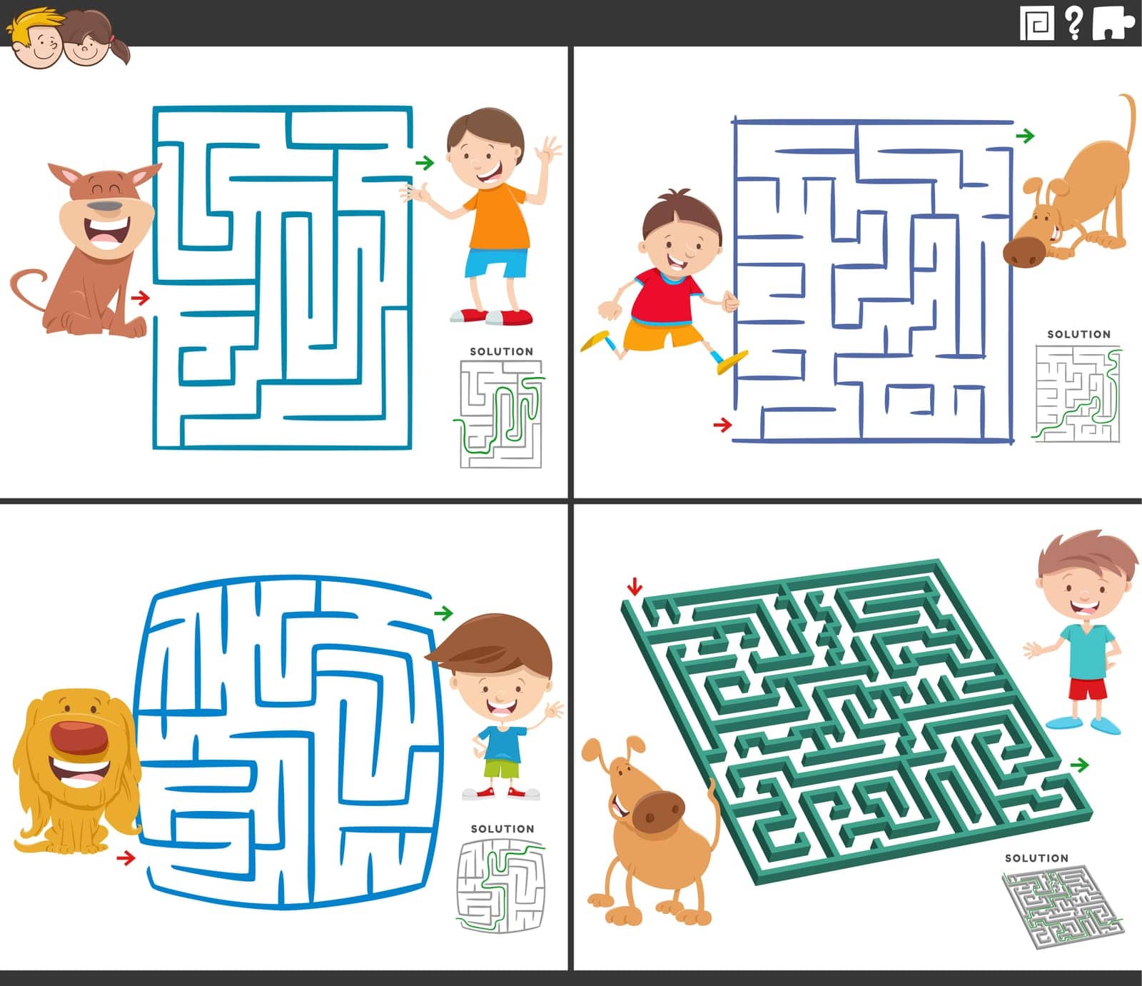 Cartoon illustration of educational maze puzzle games set with boys and their dogs