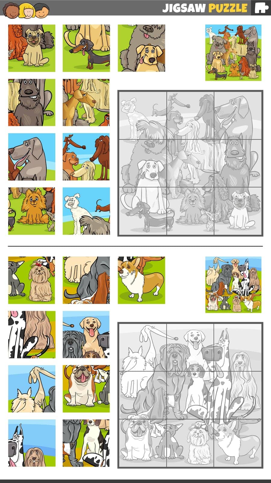 Cartoon illustration of educational jigsaw puzzle activities set with purebred dogs animal characters group