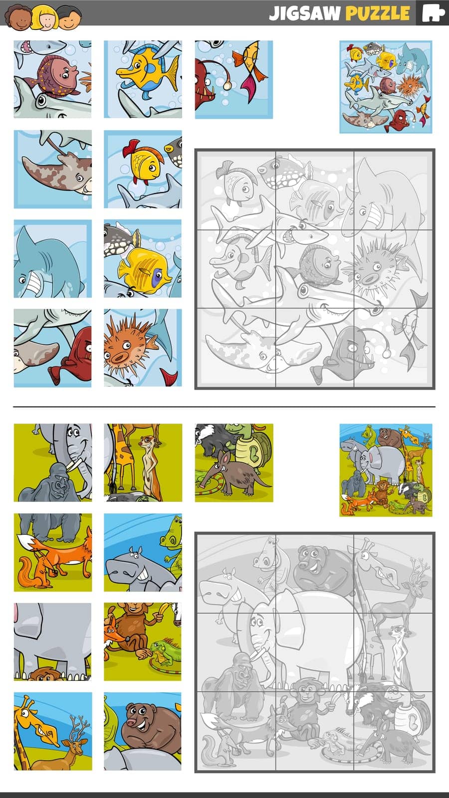 Cartoon illustration of educational jigsaw puzzle activities set with animal characters group