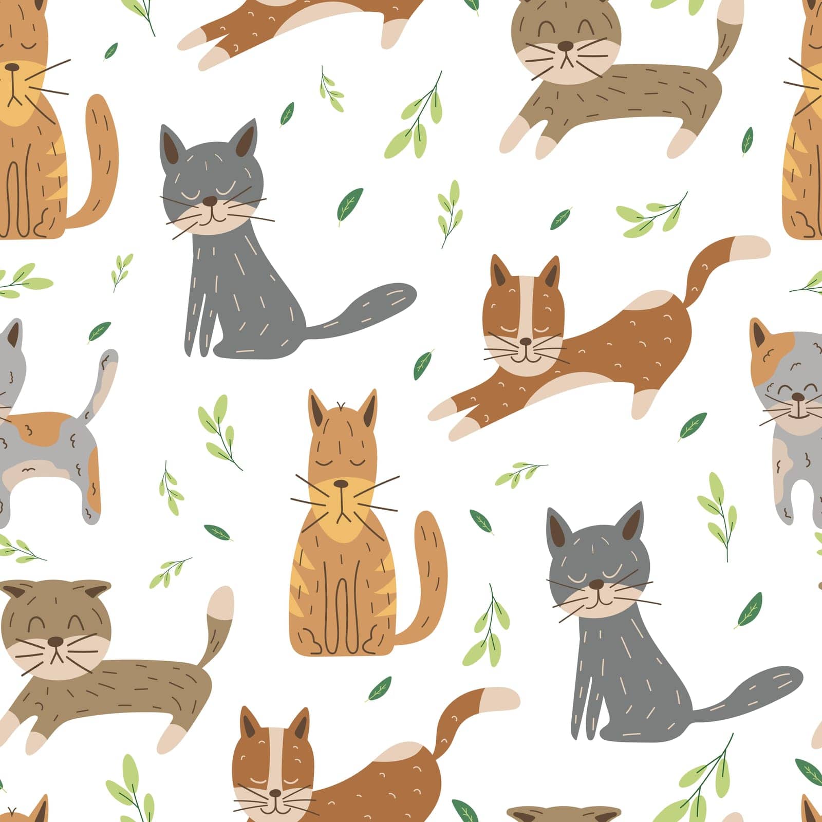 Cat seamless pattern. Cats and leaves isolated on white background. Cartoon funny feline print, vector background. Illustration scandinavian background pet.
