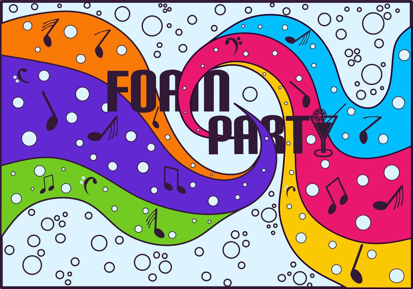 Disco foam party poster. Soap foam with soap rainbow bubbles. Vector illustration