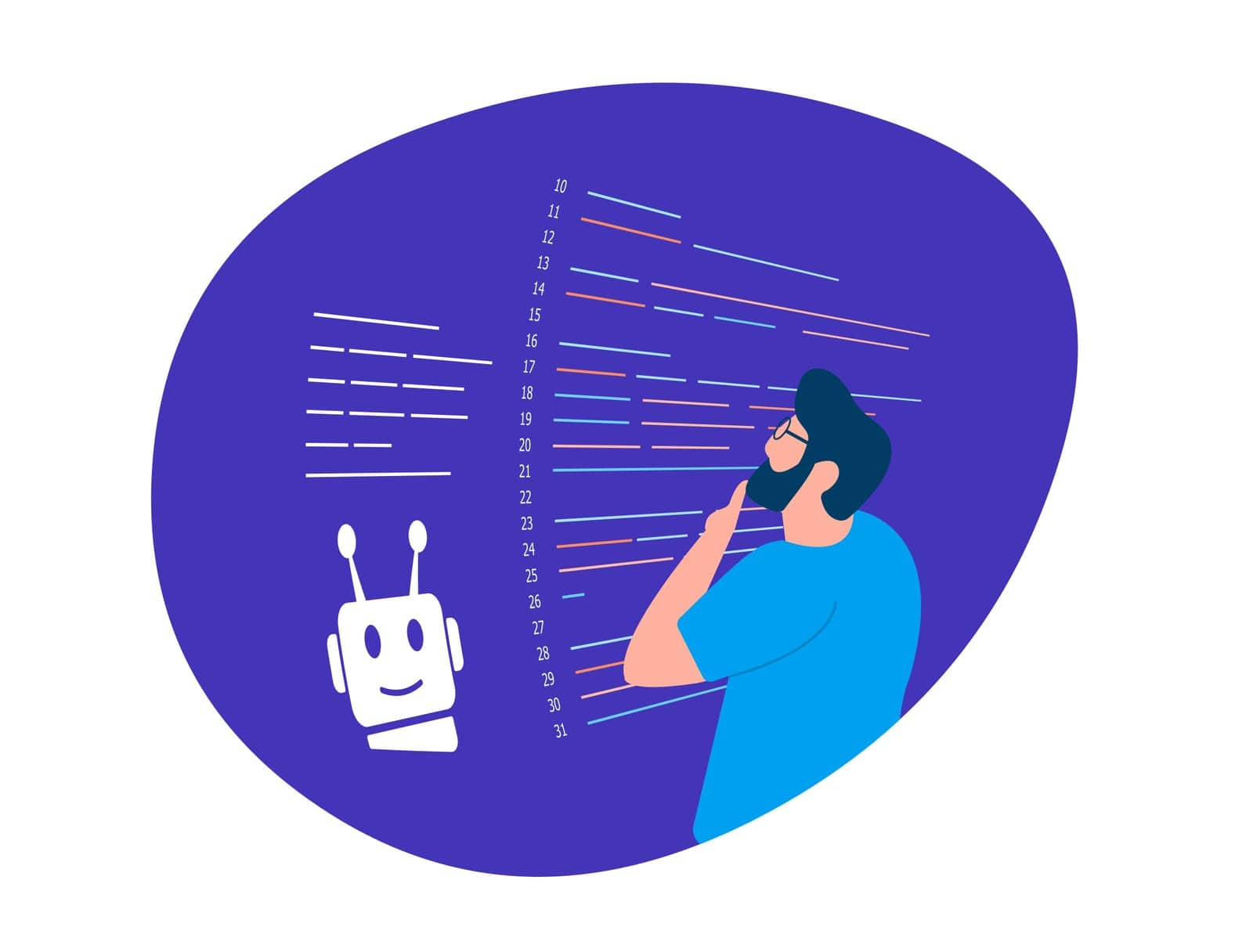 Efficient AI code generation with AI-powered coding chatbot. Man reviews AI-generated code for accuracy and compliance. Boost productivity and ensure error-free programming.