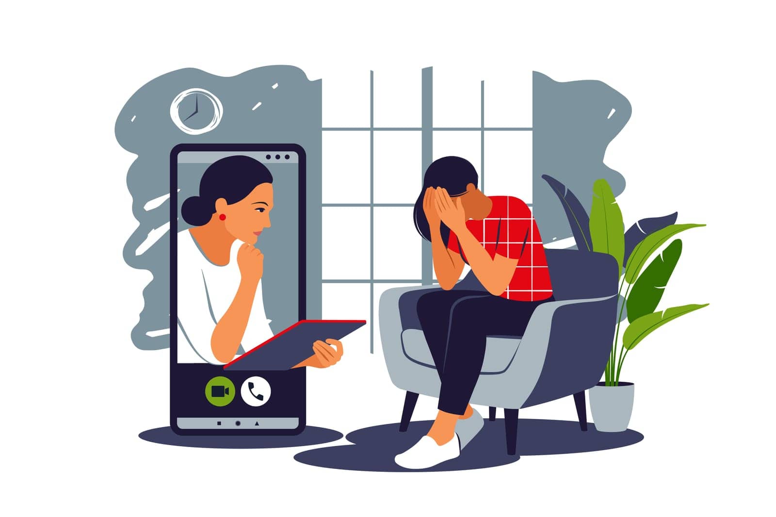Psychology job online. Counseling depressions and anxiety. Two women are sitting and talking online. Mental health concept. Vector illustration.
