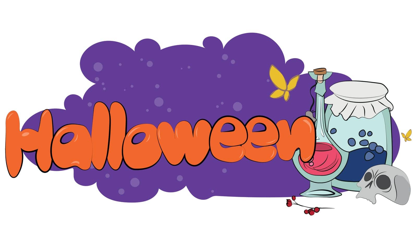 Happy Halloween banner or party invitation background with night clouds and pumpkins. Vector illustration. Full moon in the sky, spiders web and flying bats. Place for text