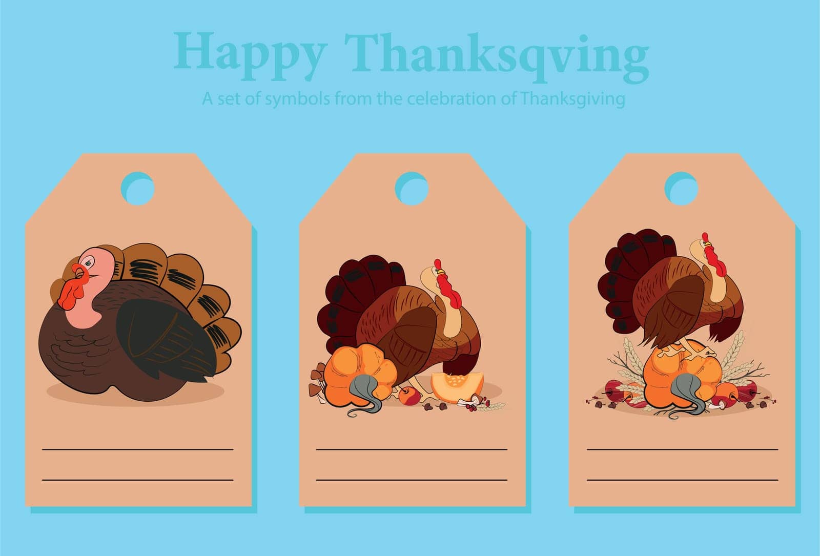 Collection of thanksgiving gift tags with lettering, turkey, pumpkins, autumn leaves, pilgrim hat