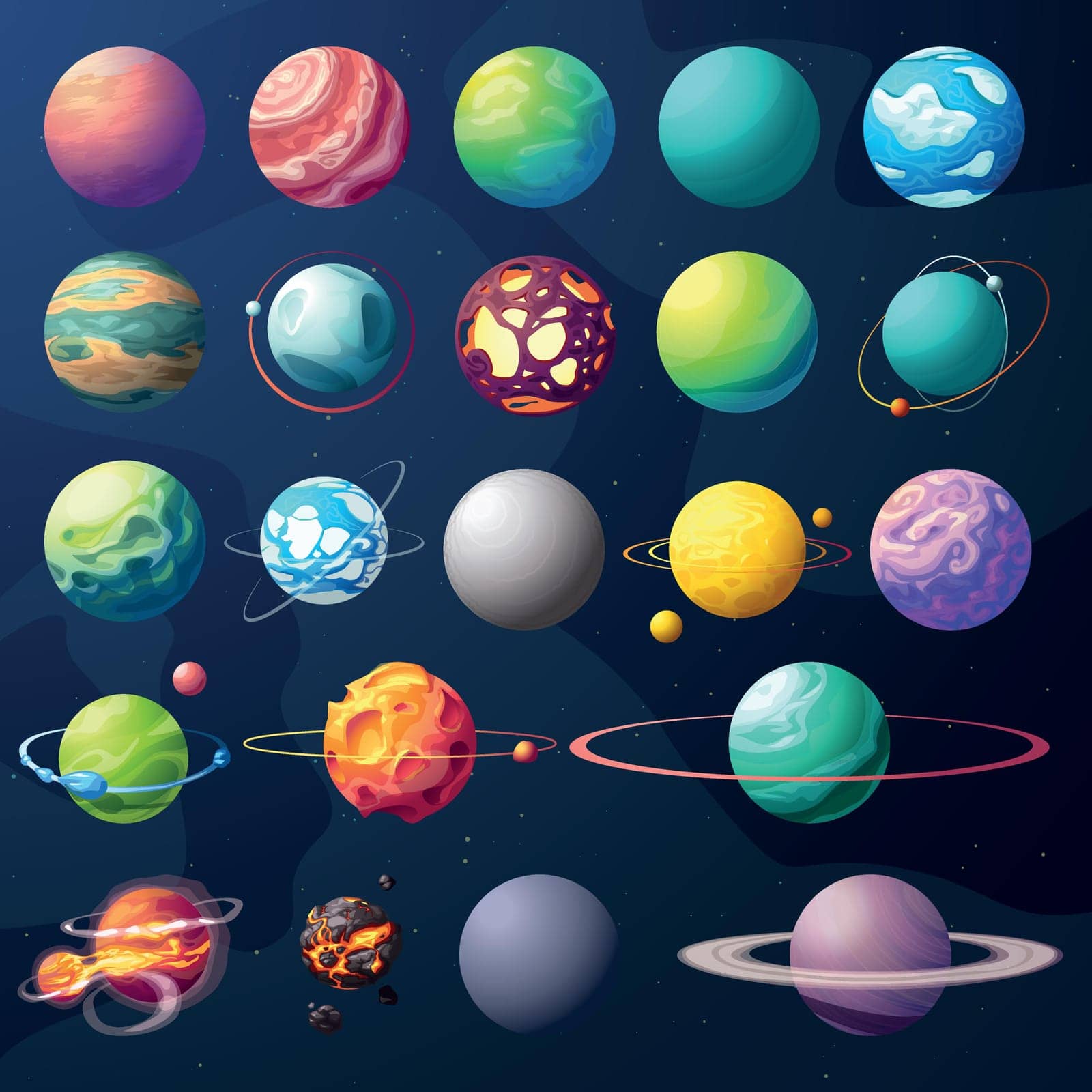 illustration of big set of bright colorful and various alien world planets isolated on dark space