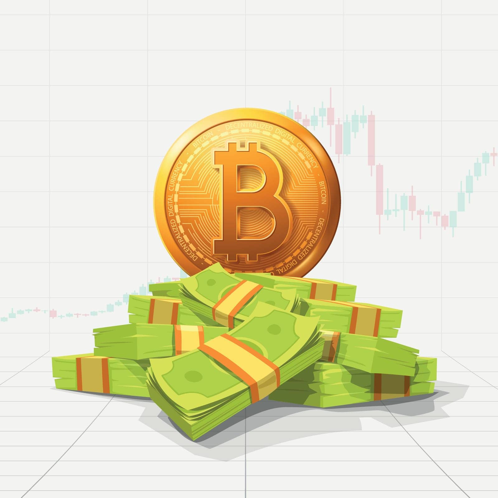 illustration of realistic gold realistic bitcoin coin on the edge of green dollars pile