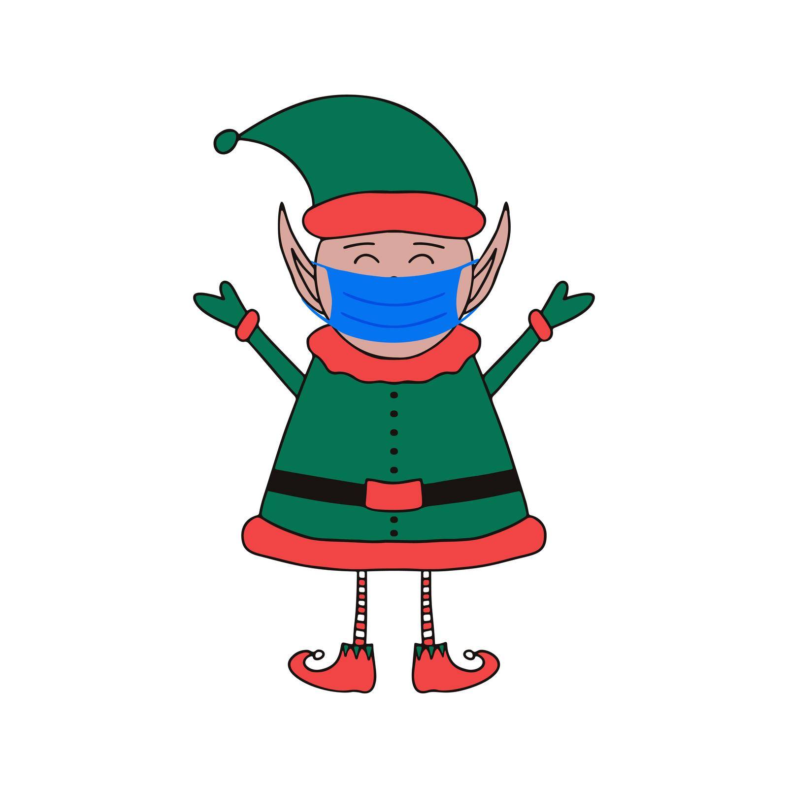Elf of Santa in medical mask isolated on a white background.