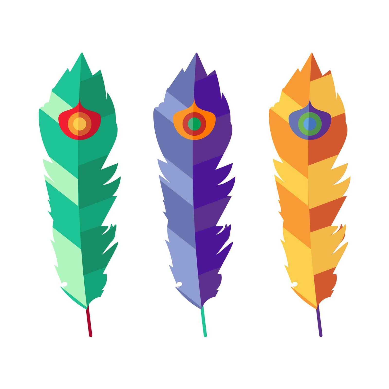 Vector set of three flat colorful feathers