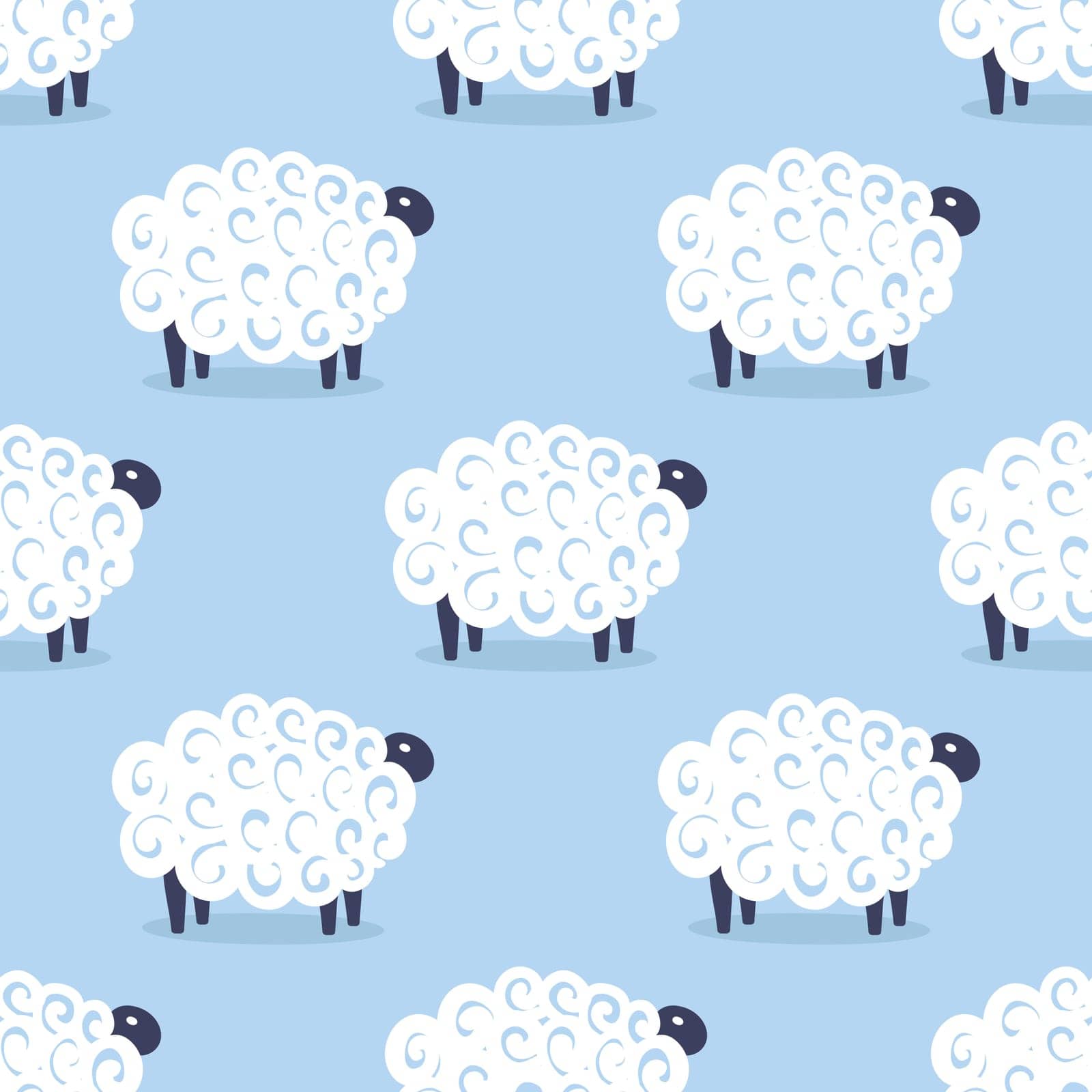Cute sheep vector seamless pattern kids sweet dreams illustration on blue background. Baby shower background. Child drawing flat style white sheep. Kids design for fabric by Anny_Sketches