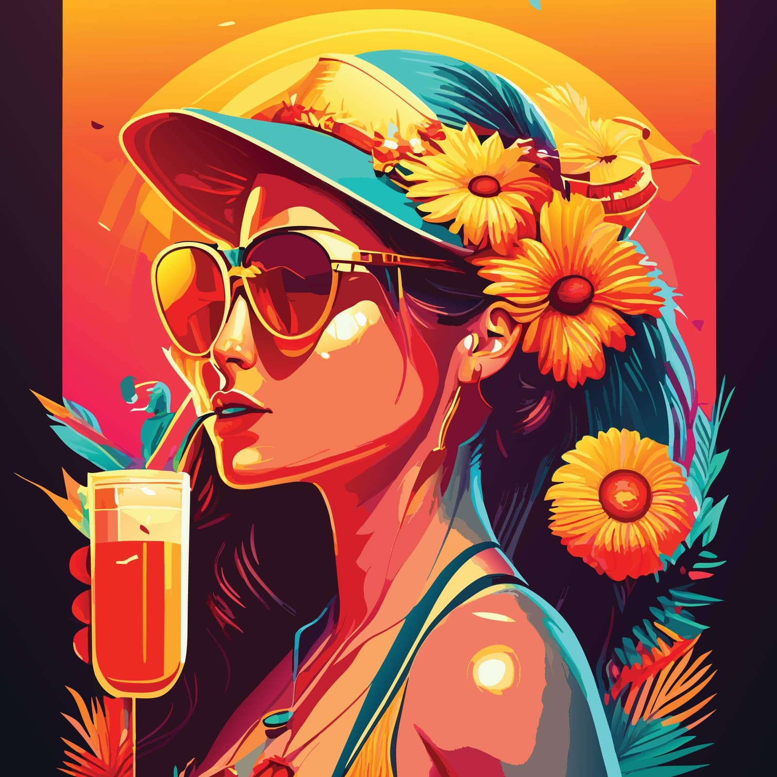 Summer tropical with woman holding drink in vintage style. Summer illustration for poster, flyer, tshirt.