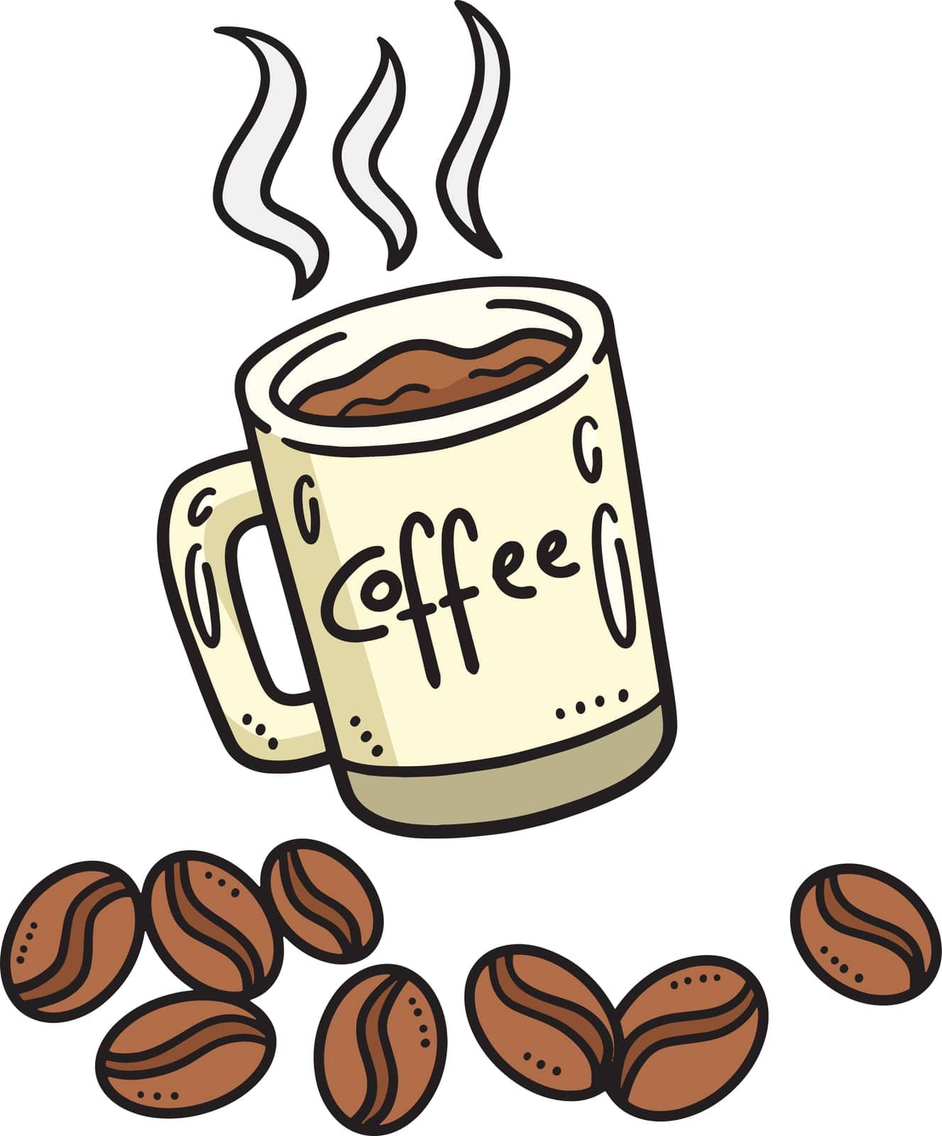 This cartoon clipart shows a Mug with Coffee and Coffee Beans illustration.