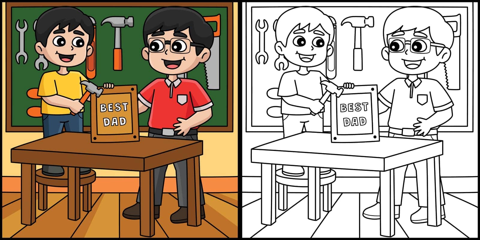 This coloring page shows a Father and Son doing Carpentry. One side of this illustration is colored and serves as an inspiration for children.