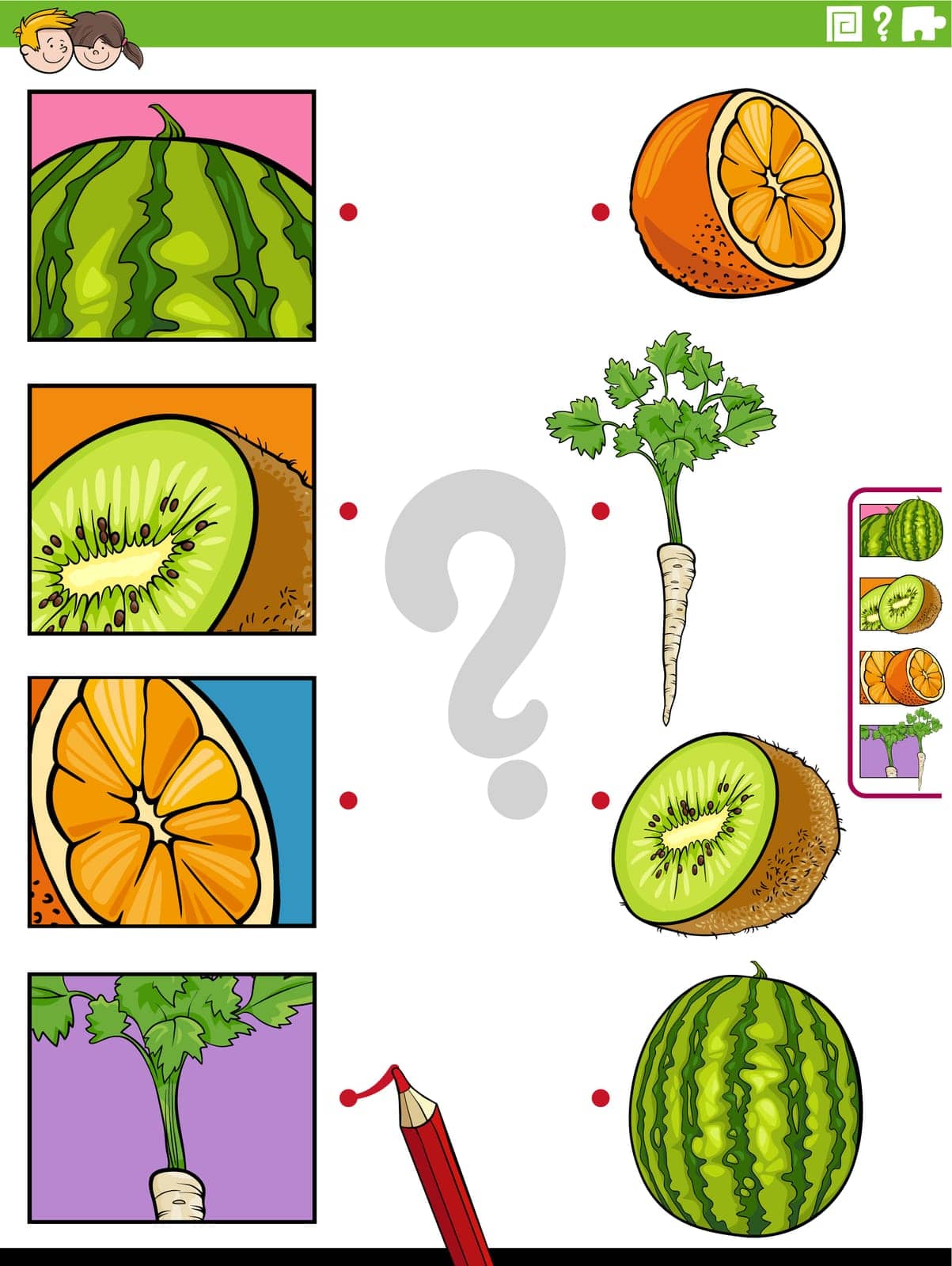 Cartoon illustration of educational matching game with fruit and vegetables and pictures clippings