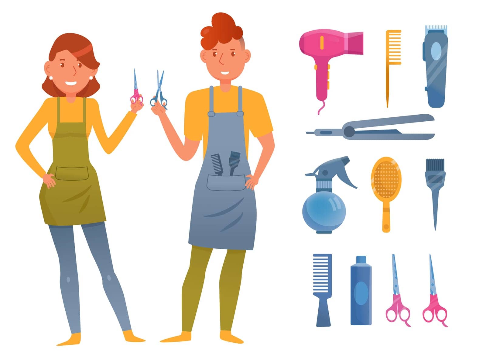 Cartoon hairdressers with accessories vector illustrations set. Characters in aprons with barbershop equipment: combs, scissors isolated on white background. Job or professions concept for kids