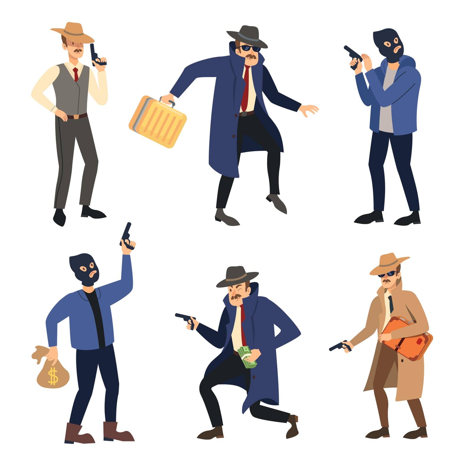 Gangster characters set. Vector illustrations of comic criminals with hat or black mask. Cartoon mafia boss with money suitcase, bandit killer with pistol isolated on white. Crime, robbery concept