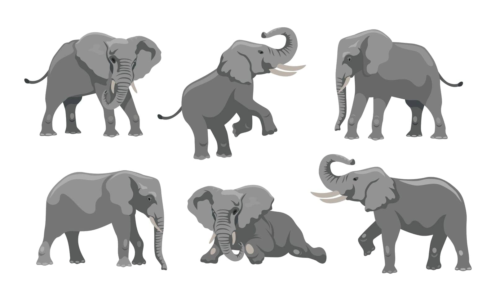 Gray elephant in different positions cartoon illustration set. Big African mammal character with large ears and trunk walking, lying and jumping on white background. Animal, zoo, wildlife concept